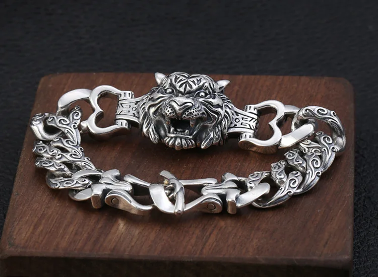 Браслет ручной работы из настоящего серебра 925 пробы с головой тигра, винтажный 925 пробы браслет с изображением тигра, тайский серебряный браслет в стиле хип-хоп, панк