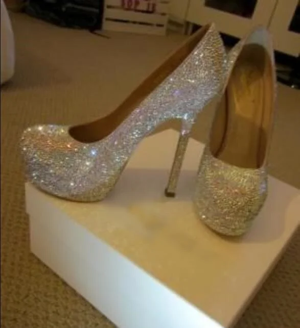 Роскошные свадебные туфли с серебряными кристаллами; женские туфли-лодочки со стразами на каблуке с круглым носком; женская обувь; Модная Белая обувь; большие размеры 10 - Цвет: as picture