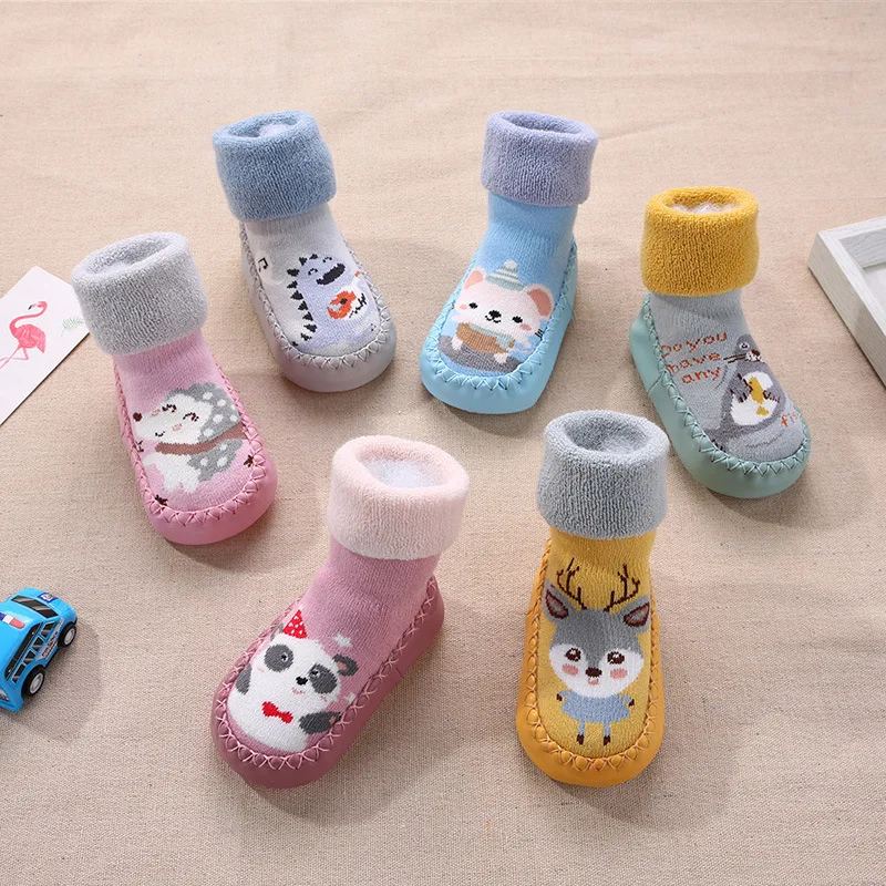 FOCUSNORM 4 Colors Newborn Baby Girls Boys Anti-Slip Socks Crib Shoes Cartoon Animal Print Knit Soft Sole Slippers