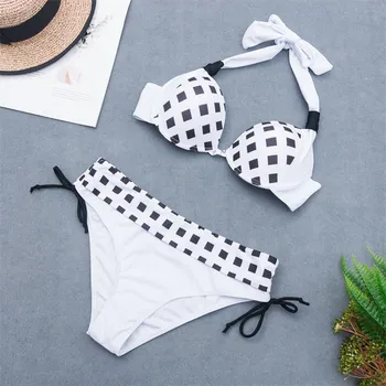 

2020 New Arrival Split Female Intimates Women Summer Biquini lattice Print Underwear Set Push Up Padded Lengerie Traje de baño