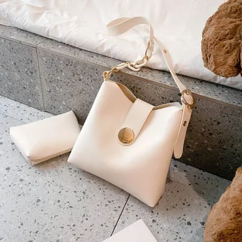 

New Fashion Small Chain Female Shoulder Bag 2 Pcs/Set PU Leather Bucket Bags for Women Solid Color Ladies' Travel Crossbody Bags