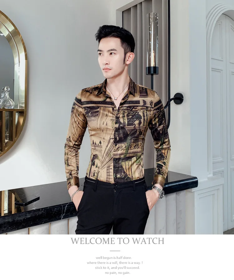 Новая мода горячая Распродажа бренд Осенняя мужская повседневная Высококачественная рубашка с принтом мужская приталенная рубашка в Корейском стиле размера плюс M-4XL