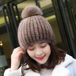 Women Fur Hat Winter Mink Fur Knitted Hat With Fox Fur Ball Warm