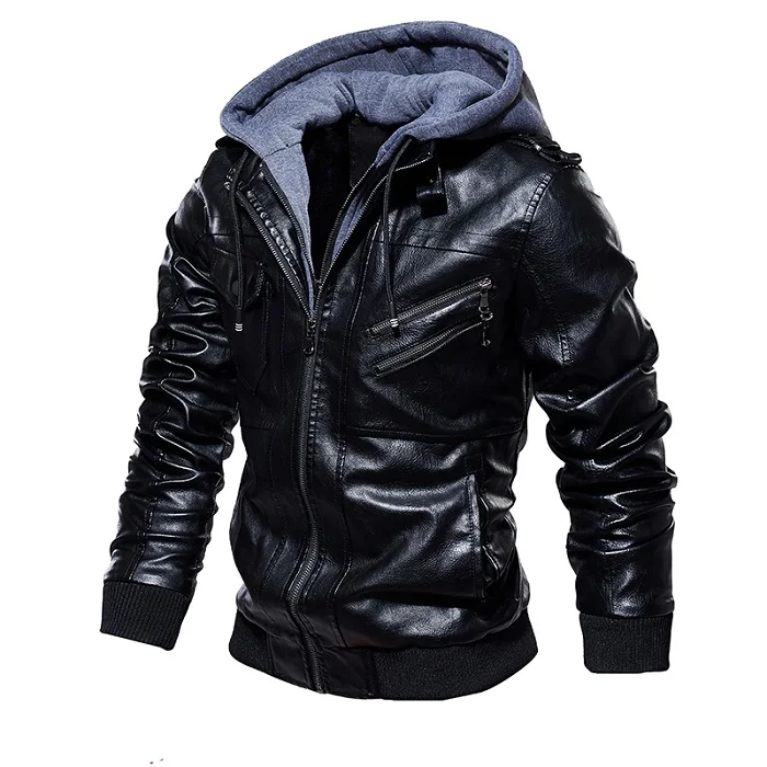 Мужская кожаная куртка, повседневная мотоциклетная куртка со съемным капюшоном из искусственной кожи, новинка, мужская куртка из искусственной кожи на молнии, теплая верхняя одежда - Цвет: DD-T14 Black