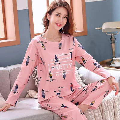 Womens Pajamas Sets Long sleeve cotton pajamas suit Women spring cartoon casual sleepwear long Pyjamas for women XXXL - Color: women pajama set