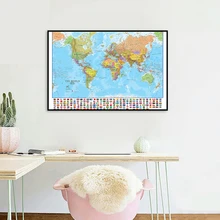 80*60cm Political Map of The World with National Flags Canvas Painting Wall Art Poster School Supplies Living Room Home Decor