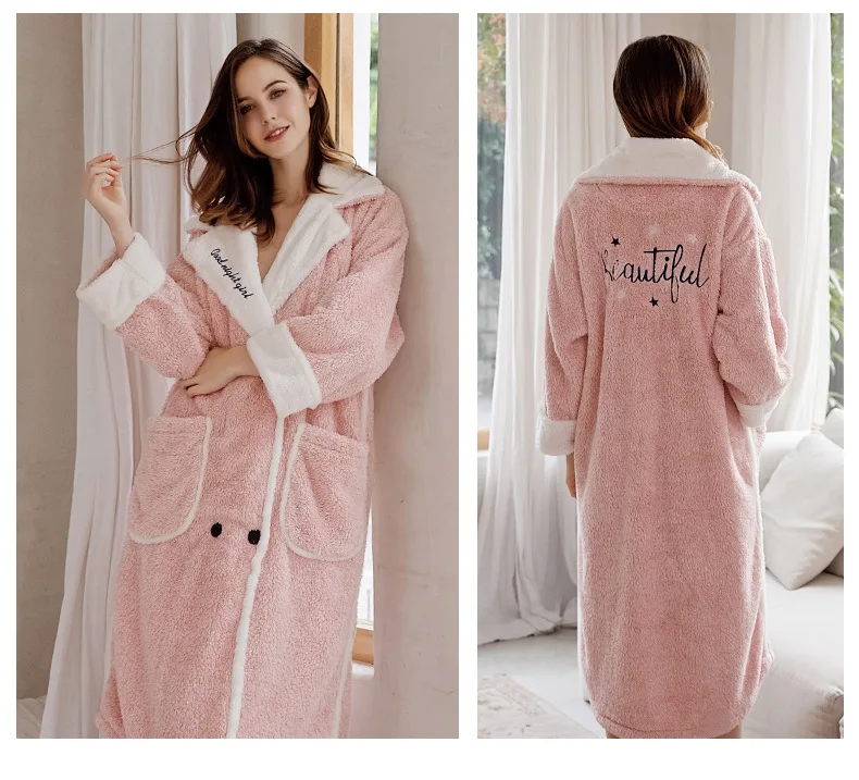 Кардиган, зимняя Пижама, женский теплый халат, толстый теплый коралловый флисовый халат с вышивкой, Свободная Домашняя одежда, одежда для сна