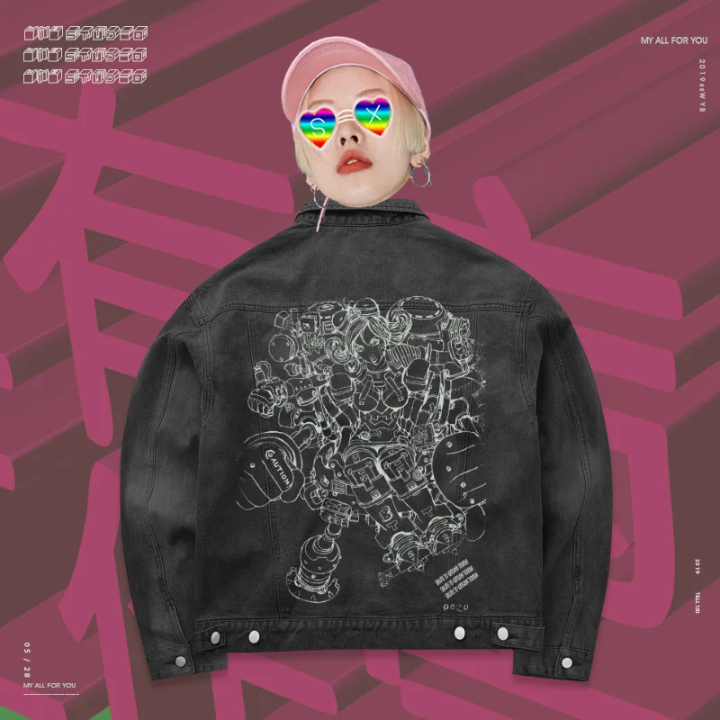

Black Jeans Jacket Cool graffiti Dark line art print Single-Breasted Cotton Large Jacket Outerwear Sisters Hot style