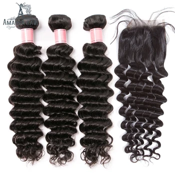 

Amanda M Remy Deep Wave Peruvian Hair Weave Bundle with Closure 4x4 Free/Middle/Three Part with Babyhair 130% Density Human Hair