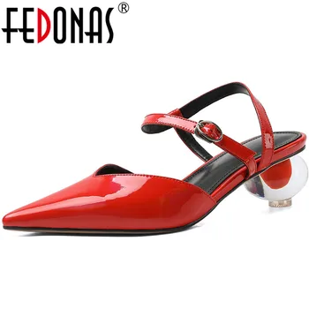 

FEDONAS Sexy Genuine Leather Red Buttoned Sandals Women Pointed Toe High Heels Pumps Women 2020 Newest Night Club Shoes Woman