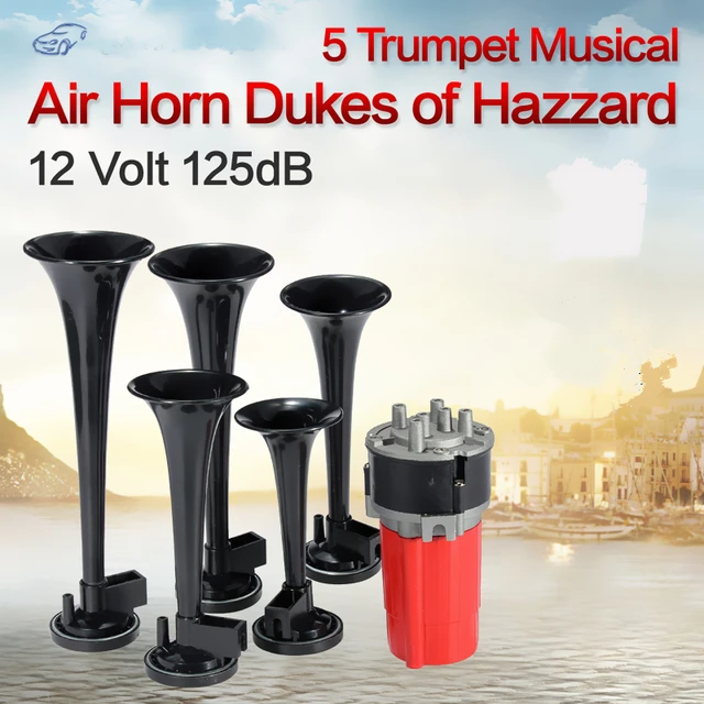 Blast Your Way with the 5pcs 125dB Durable Musical Car Duke of Hazzard + Compressor with 5 Black Dixie Trumpet 12V Air Horns Suitable for Cars