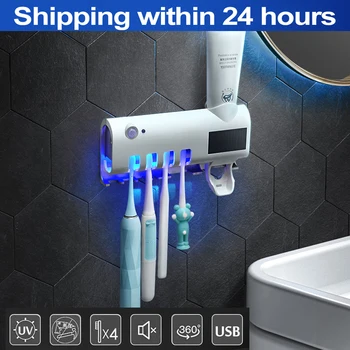 

UV Light Ultraviolet Toothbrush Sterilizer Toothbrush Holder Automatic Toothpaste Squeezers Dispenser Home Bathroom Set New