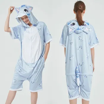 

Cat Onesie Women Men Adult Animal Kigurumis Button Pajama Funny Festival Sleepwear Kawaii Thin Hooded Blue Nightwear
