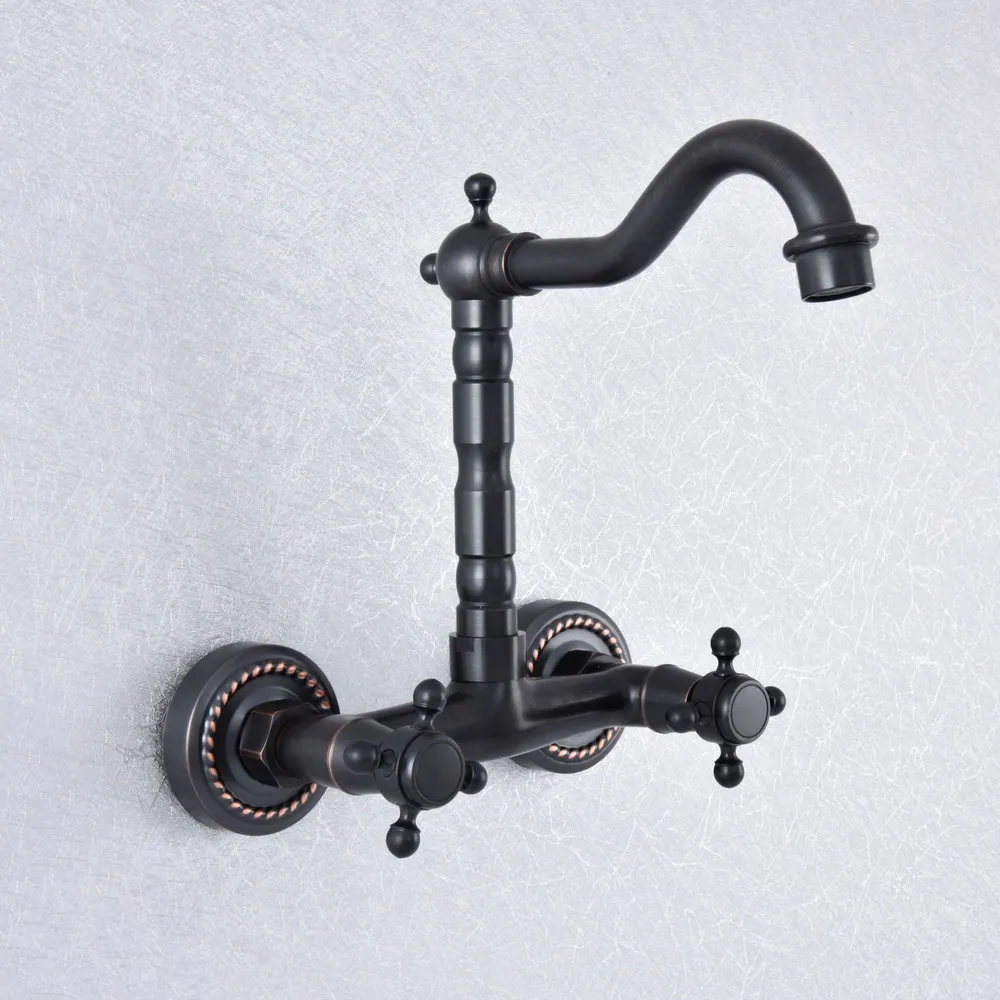 

Black Oil Rubbed Bronze Brass Wall Mounted Dual Cross Handles Kitchen Bathroom Vessel Sink Faucet Mixer Taps asf738