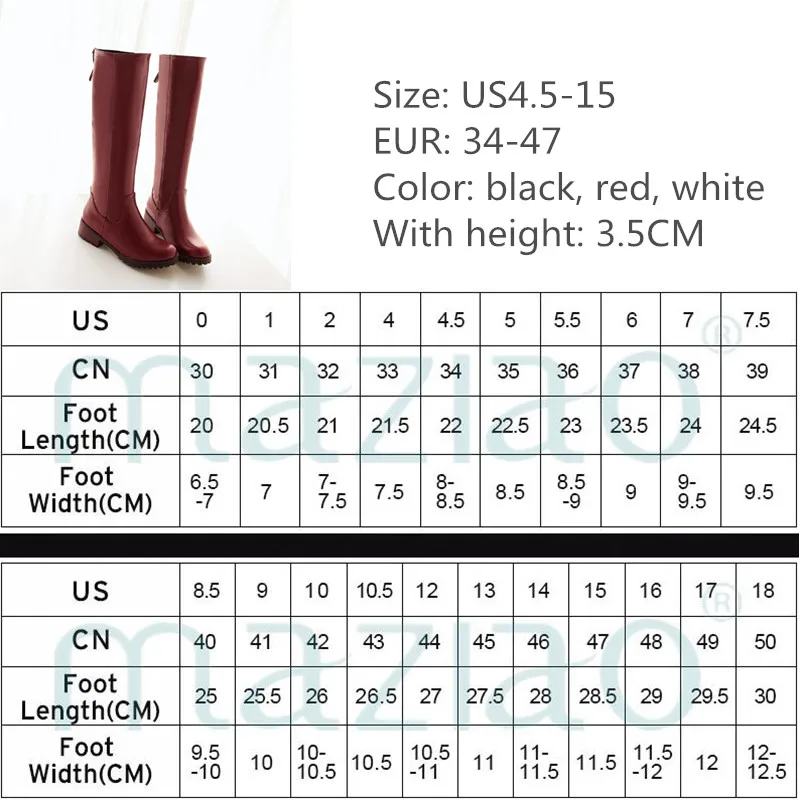 2 Wear Women Shoes Winter Riding Boots Square Heel Western Boots Zipper Med Heel Knee High Boots Ladies New Red Plus Size 34-47