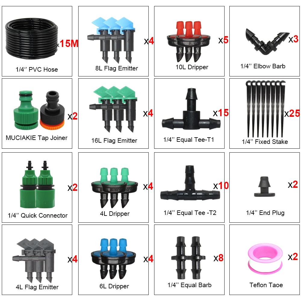 MUCIAKIE 50 м садовый точечный полив система 4L 6L 8L флаг излучатель капельница наборы Садоводство полив растений инструменты микро капельный набор - Цвет: 15m 4l7 kit