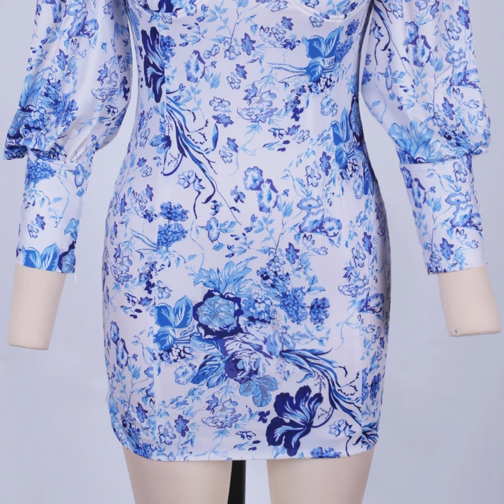 Ocstrade белый квадратный воротник с длинным рукавом Мини Цветочные Bodycon Платье HI1064-White
