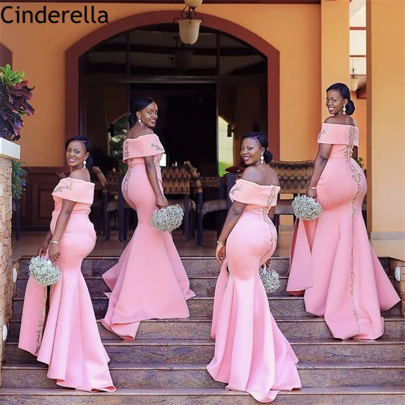 

Cinderella African Boat Pink Neck Off The Shoulder Mermaid Bridesmaid Dresses Trumpet Satin Wedding Party Bridesmaid Dresses