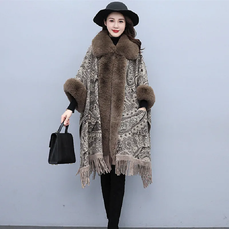 

Autumn Jacket Cloak Women Clothing Woolen coat new fashion shawl Big fur collar print Poncho Women Winter Female