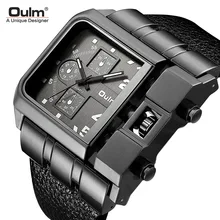 

Oulm Big Dial Watch Men Leather Strap Quartz Watch Skeleton Steampunk Square Wristwatch Multilevel 3D Design Clock Large Reloj