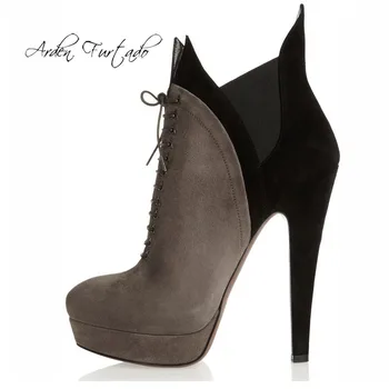 

Arden Furtado Fashion Women's Shoes Winter Pointed Toe Chunky Heels Cross Lacing Waterproof Short Boots Suede Chunky Heels