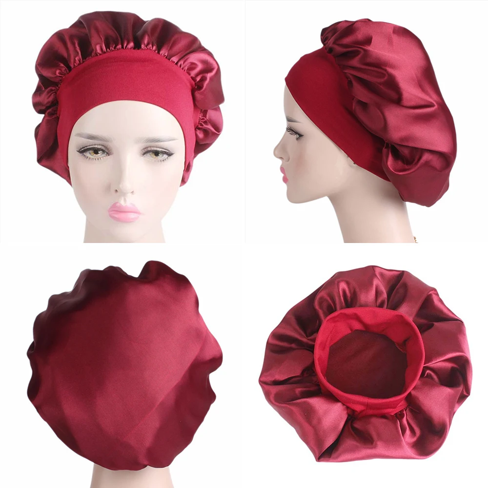 58cm Adjust Women s Satin Solid Wide brimmed Sleeping Hat Night Sleep Cap Hair Care Bonnet 4