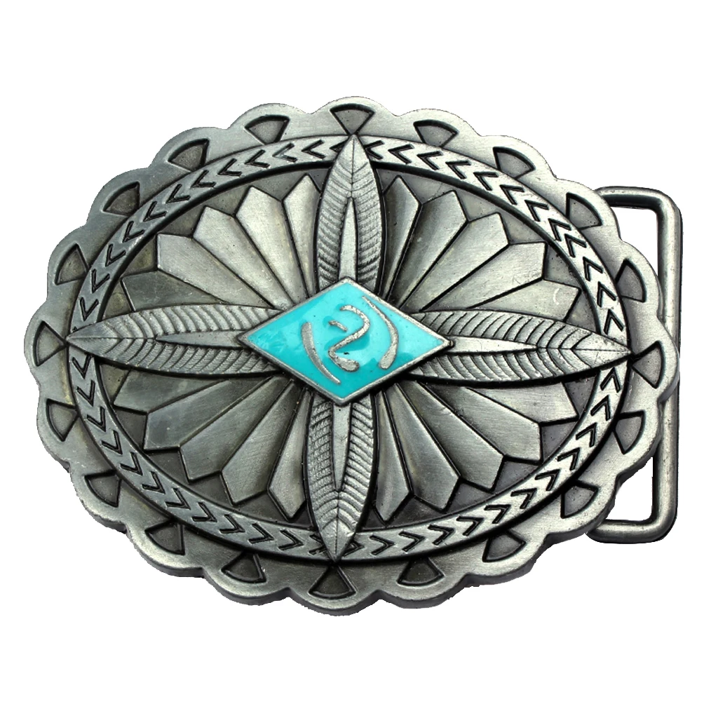 

Embossed Indian Totem Antique Style Large Silver Belt Buckle with Blue Diamond
