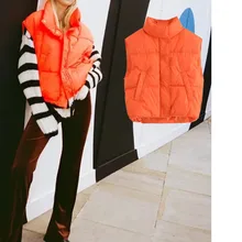 

Winter Coat For Women ZA 2021 Fashion Casual Orange Padded Quilted Waistcoat Vintage Sleeveless Zip-up Female Coat Chic Tops