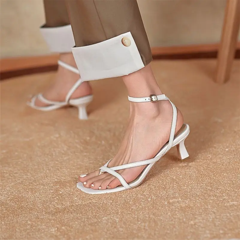 Women High Heels Sandals Genuine Leather Narrow Band Square Toe Thin Heel for Women Summer 43 women high heels platform high heels sandals