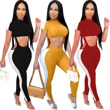 Casul Women Set Knit Ribbed Two Piece Set Crop Top + Jumpsuit Solid Color Patchwork Short Sleeve Tracksuit Clothes For Women