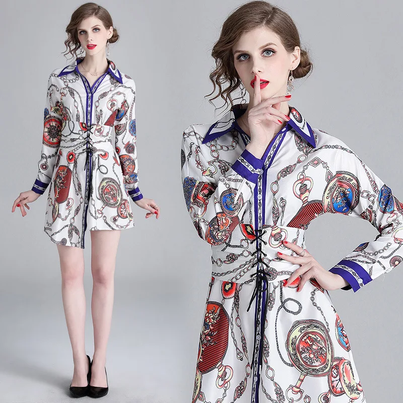 

2019 Spring New Style Women's French Gentle Style Retro Print Shirt Irregular Elegant Full Body Dress