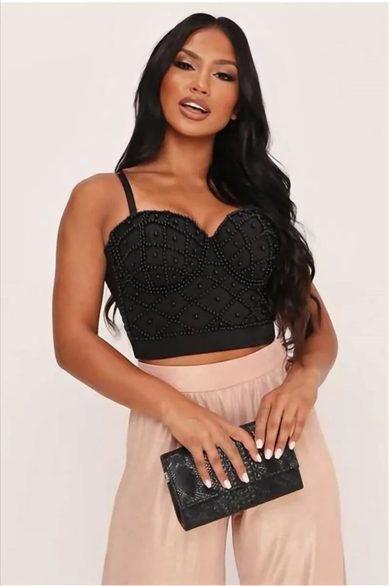 2020 Women Lift Up Birthday Bra Pearl Beaded Suspenders Tube Vest Short Top Summer Sexy Gathered Corset Wear