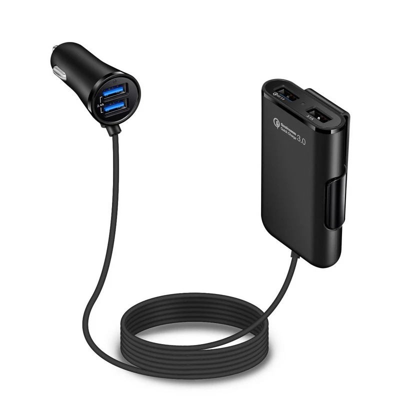 

QC3.0 USB Car Charger 2.4A+3.1A 4 USB Ports with 1.7m Extension Cord Cable Back Seat Charge For Xiaomi iPhone SamSung
