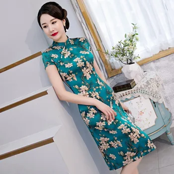 

summer 2020 new silk cheongsam front buckle middle and long single layer improved young short sleeve youth A-line skirt