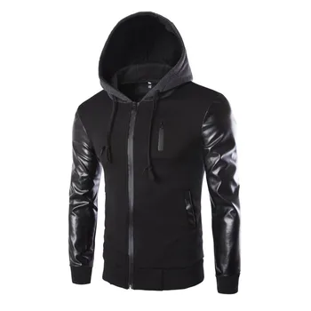 

Winter jacket men PU Leather Patchwork Men's Jackets Punk Style Autumn Fashion Coats Men Outerwear hooded Male Clothing