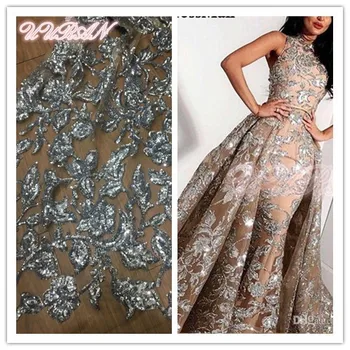 

Silver African Net Lace Fabric with Sequins Hot Sale Embroidered French Tulle Lace Fabric