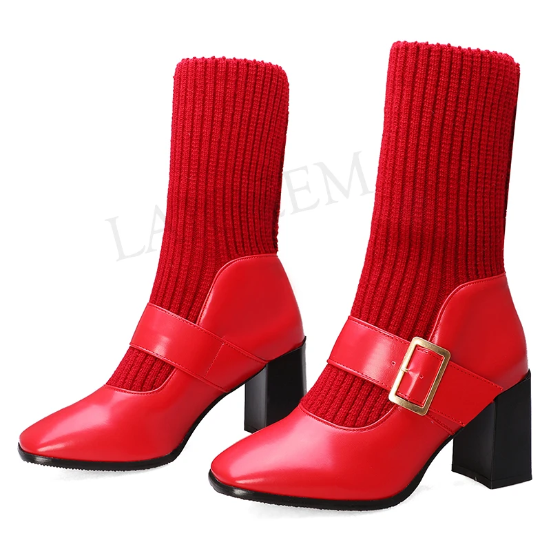 

LAIGZEM 2020 Square Toe Women Ankle Boots Chunky Heels Kintting Winter Boots Shoes Woman Botines Mujer Large Size 46 47 48
