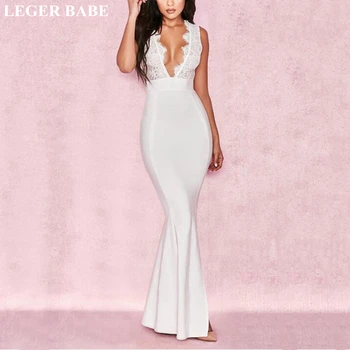 

LEGER BABE 2020 Summer V-Neck Sleeveless White Vest Vestidos Bodycon Mermaid Lace Patchwork Maxi Long Sexy Celebrity Party Dress