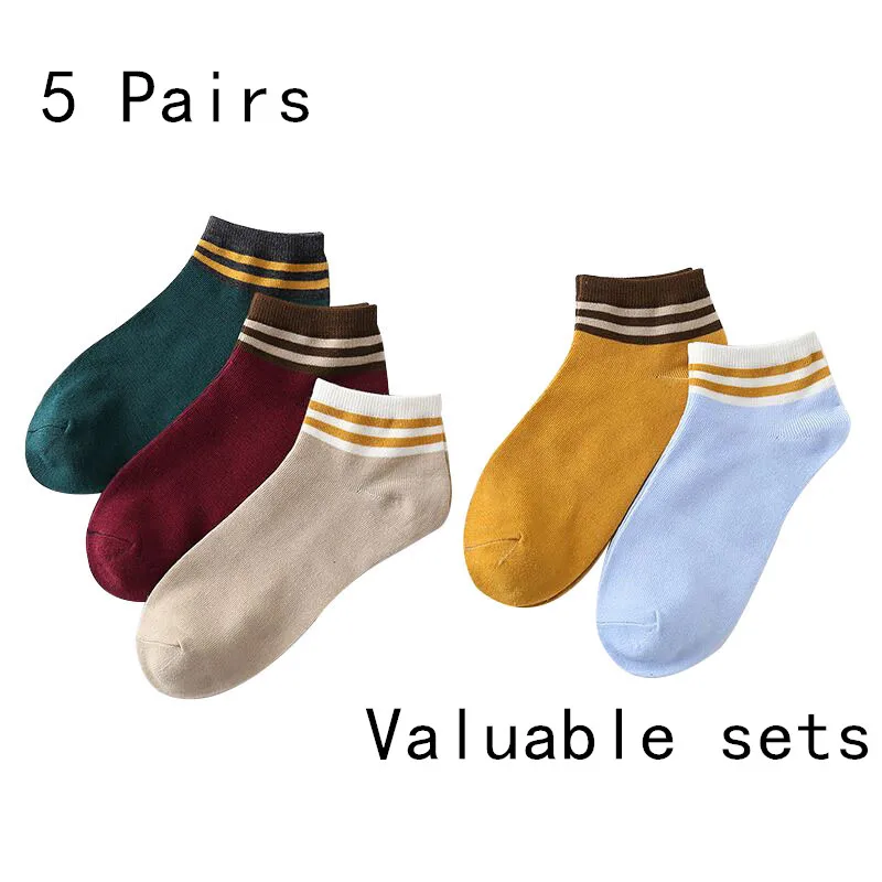 

5 Pair/lot Women Summer socks spring Stripe Soft Sock lady Solid color with Stripe short tube Ankle Socks Cotton for women gifts