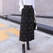 Осень-зима, Корейская женская юбка, повседневная, черная, до середины икры, с вышивкой, с рисунком, хлопковая, прямая, теплая, тонкая, с разрезом, юбки