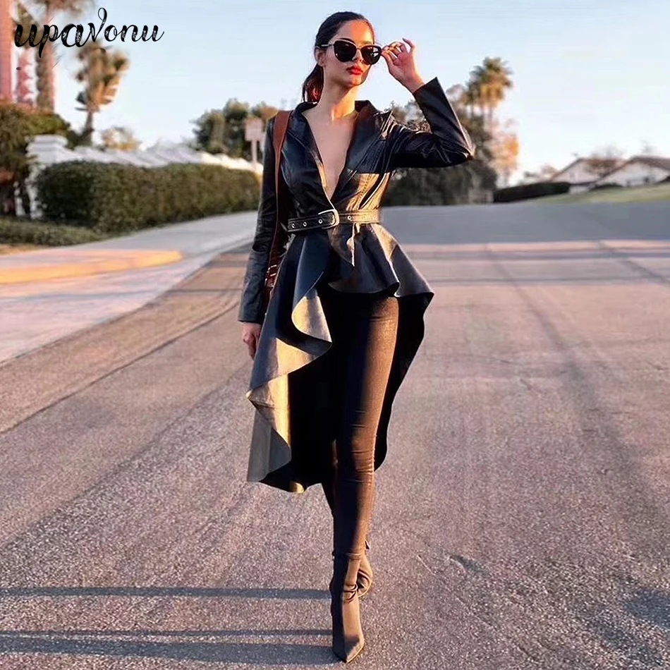 wonderful  2019 Fashion Autumn Pu Leather Ladies Jacket Coat Coat Lapel Long Sleeve Irregular Belt Hem Ruffled
