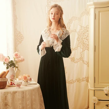 

Free Shipping 2019 New Fall Princess Nightdress Vintage Pyjamas Women's Long Nightgown Green and Pink Sleepwear