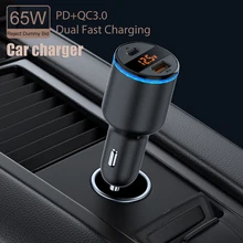 

65W PD USB Car Charger with Voltage Display Quick Charging QC3.0 Type-C USB Dual Auto Charger for Mobile Phone Black