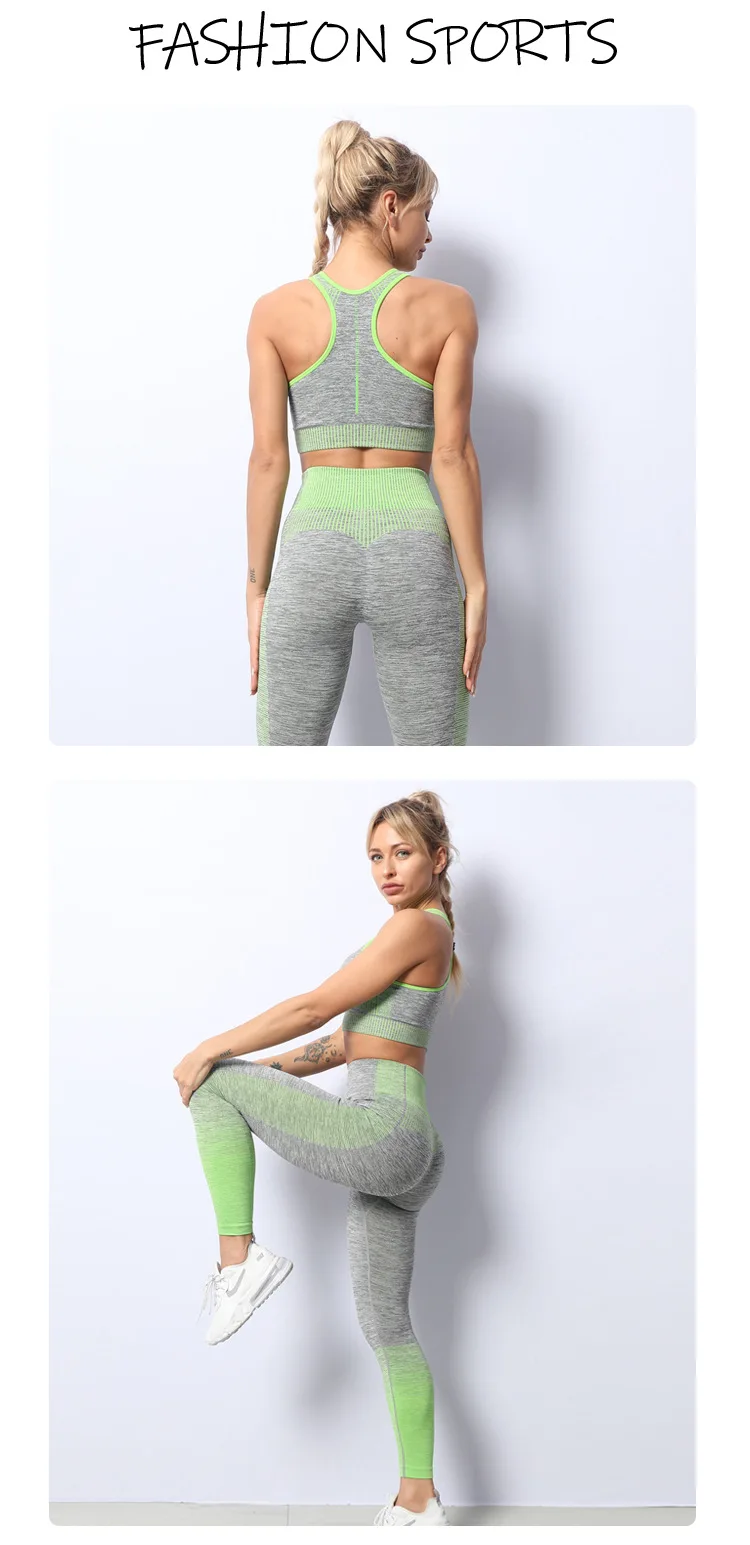 Women Gym Clothing Sports Wear Seamless Ombre Long Sleeve Yoga Set Legging Set High Waisted Fitnesss Suit Tight Work Out Suit