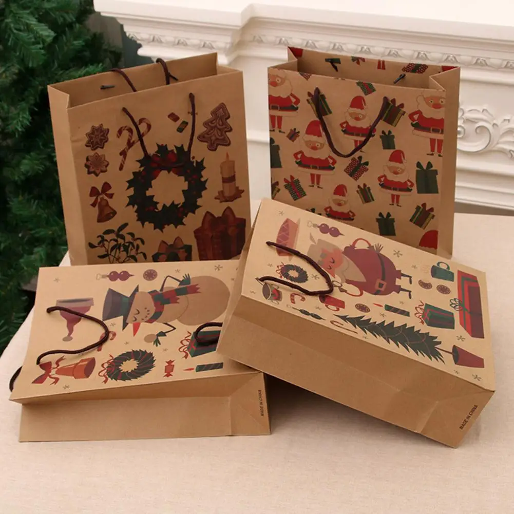 TPFOCUS 12Pcs Christmas Series Printing Kraft Paper Tote Bag for Wedding Favor Gift Boxes Red Wine Packing paper bag 26*10*32cm