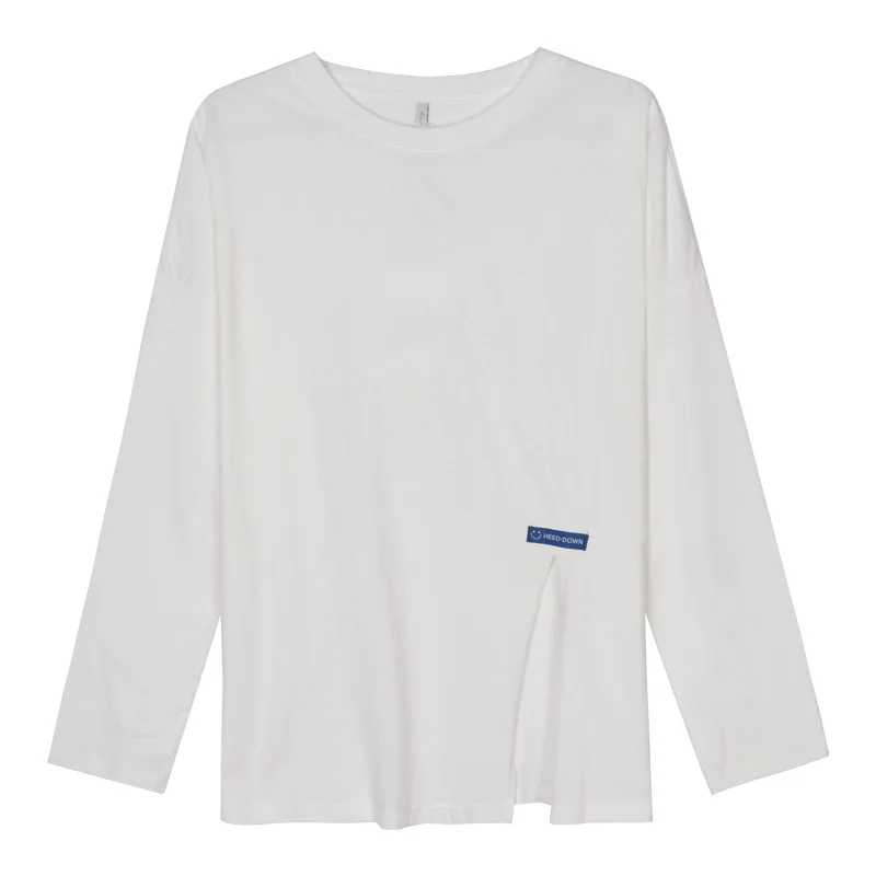 

Spring and Autumn Simple Label Split Long Sleeve T-shirt Women's Korean Loose Casual Design Top Clothes