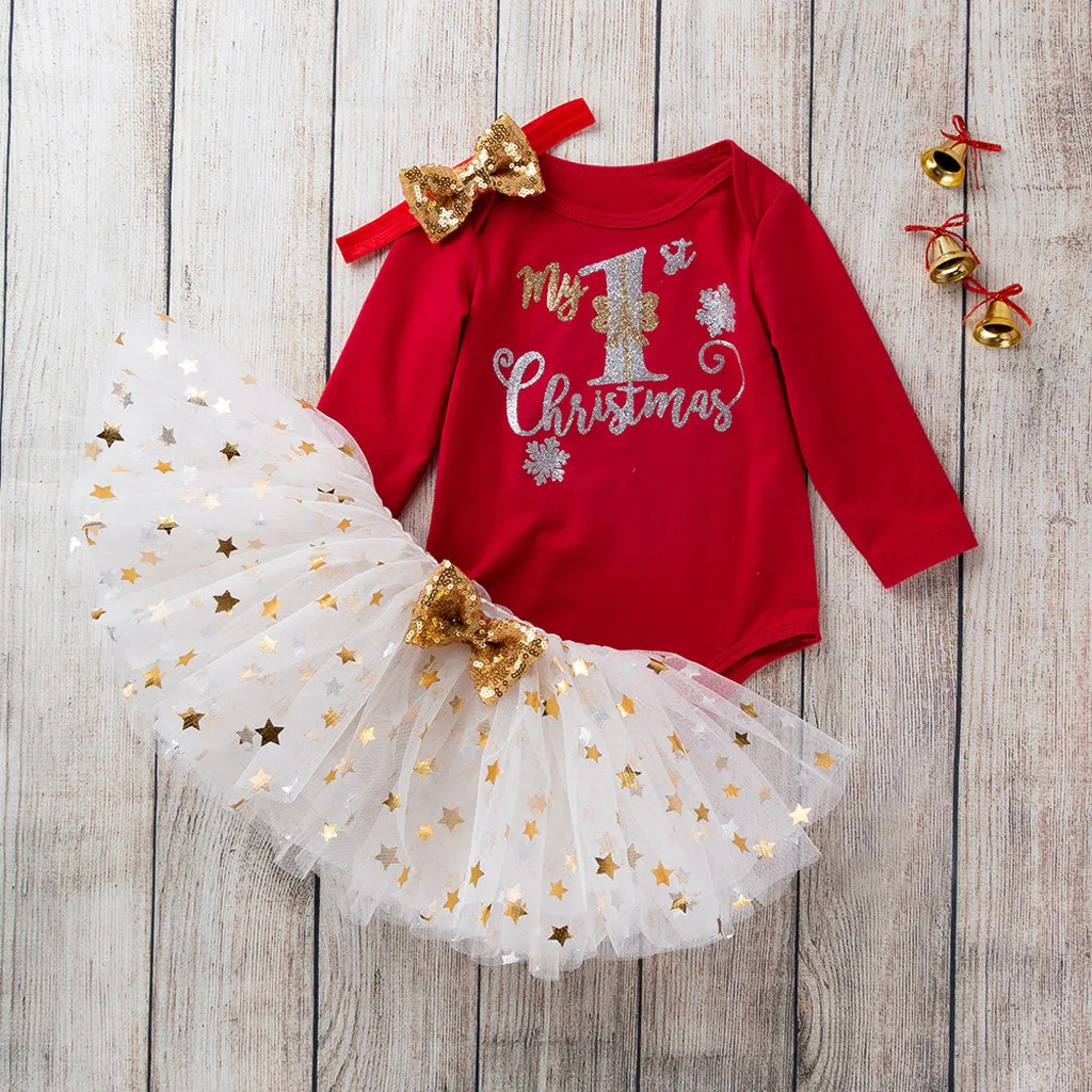 Детский комбинезон на Рождество для маленьких девочек, топы, платье-пачка, набор для волос, рождественские наряды, комплекты одежды для девочек на первое Рождество