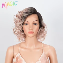 Magic Synthetic Lace Wig Short Cruly Hair Side Part Lace Wigs For Women Pink Ombre Wig Heat Resistant Cosplay Wigs