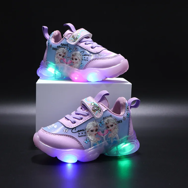 New Cartoon Disney Girls Princess Kids Shoes LED Running Frozen Children Sneakers For Fashion Elsa Anna Sport | Детская одежда и