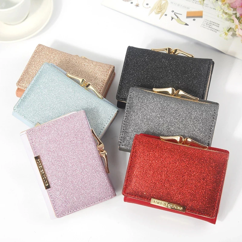 

Ladies Wallet Pu Leather Short Card Holder Fashion 6 Colors Optional Casual Sequins Tri-Fold Classic Metal Button Coin Purse